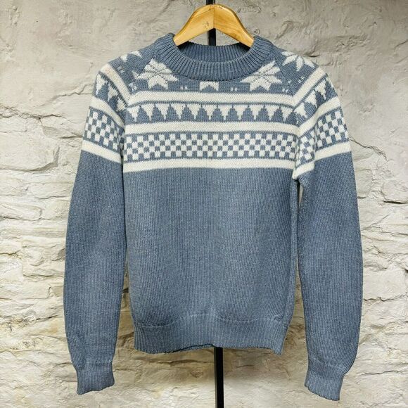 Vintage 70s 80s GAP Acrylic Blue White Patterned Crewneck Sweater Small - Picture 1 of 8